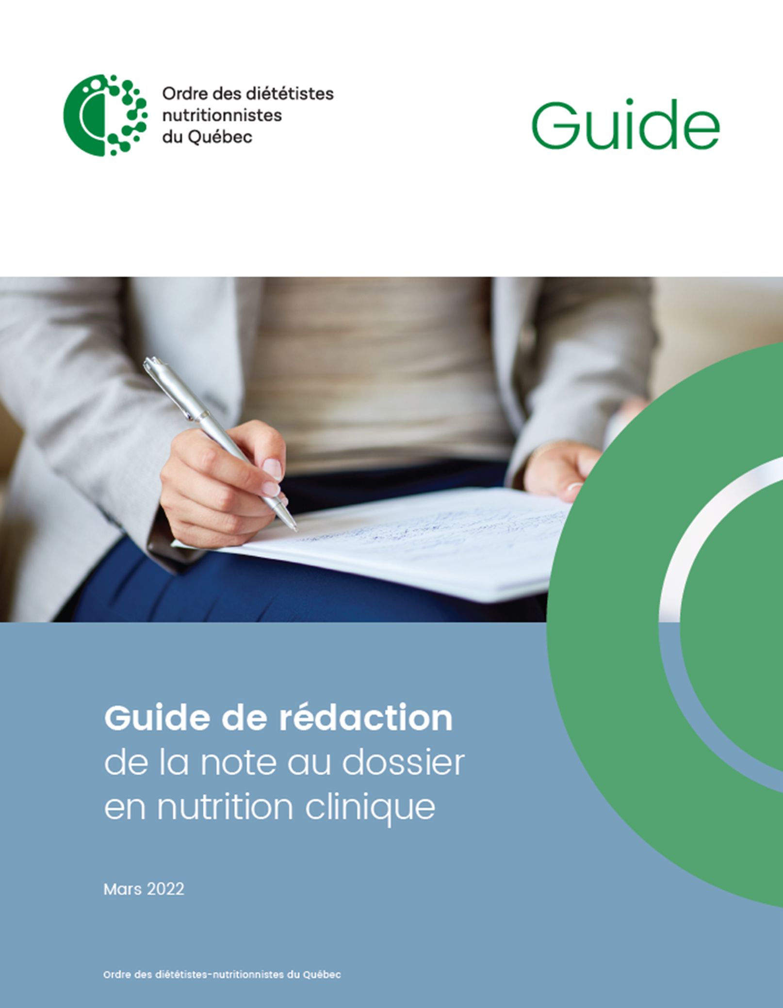 Page couverture du guide de rédaction de la note au dossier en nutrition clinique
